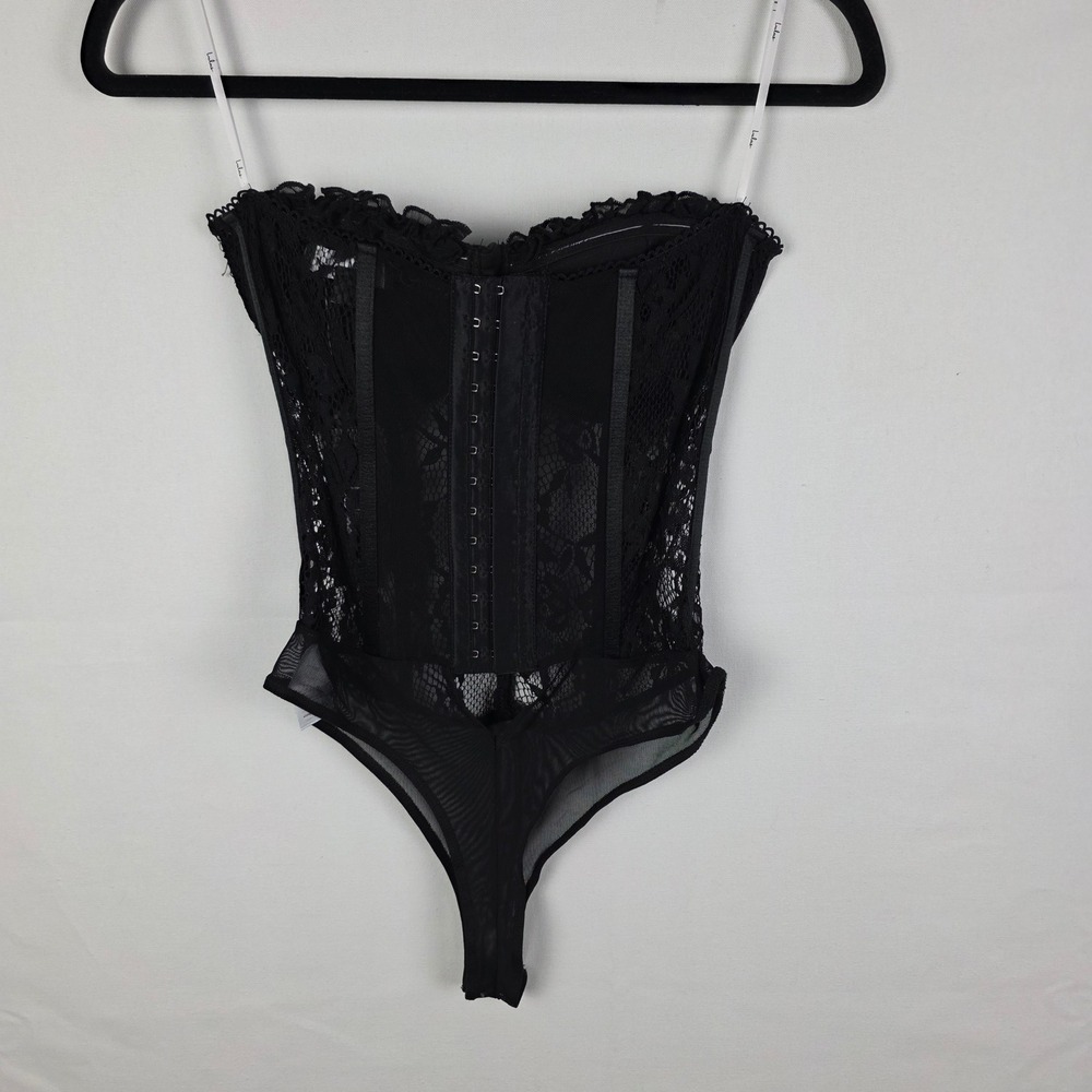 Lulus Black Lace Corset Bodysuit Underwire Mesh Thong Medium NWT - Picture 2 of 6